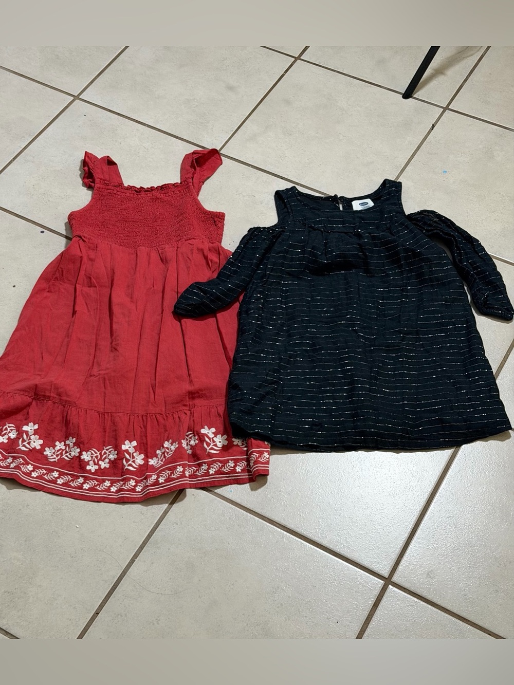 Old Navy Kids Girls Red Embroidered Sundress & Black Metallic Stripe Dress S(6/7